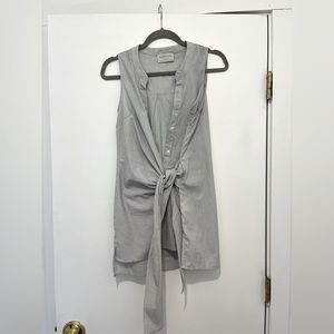 Sleeveless button down white and grey striped shirt with tie front.